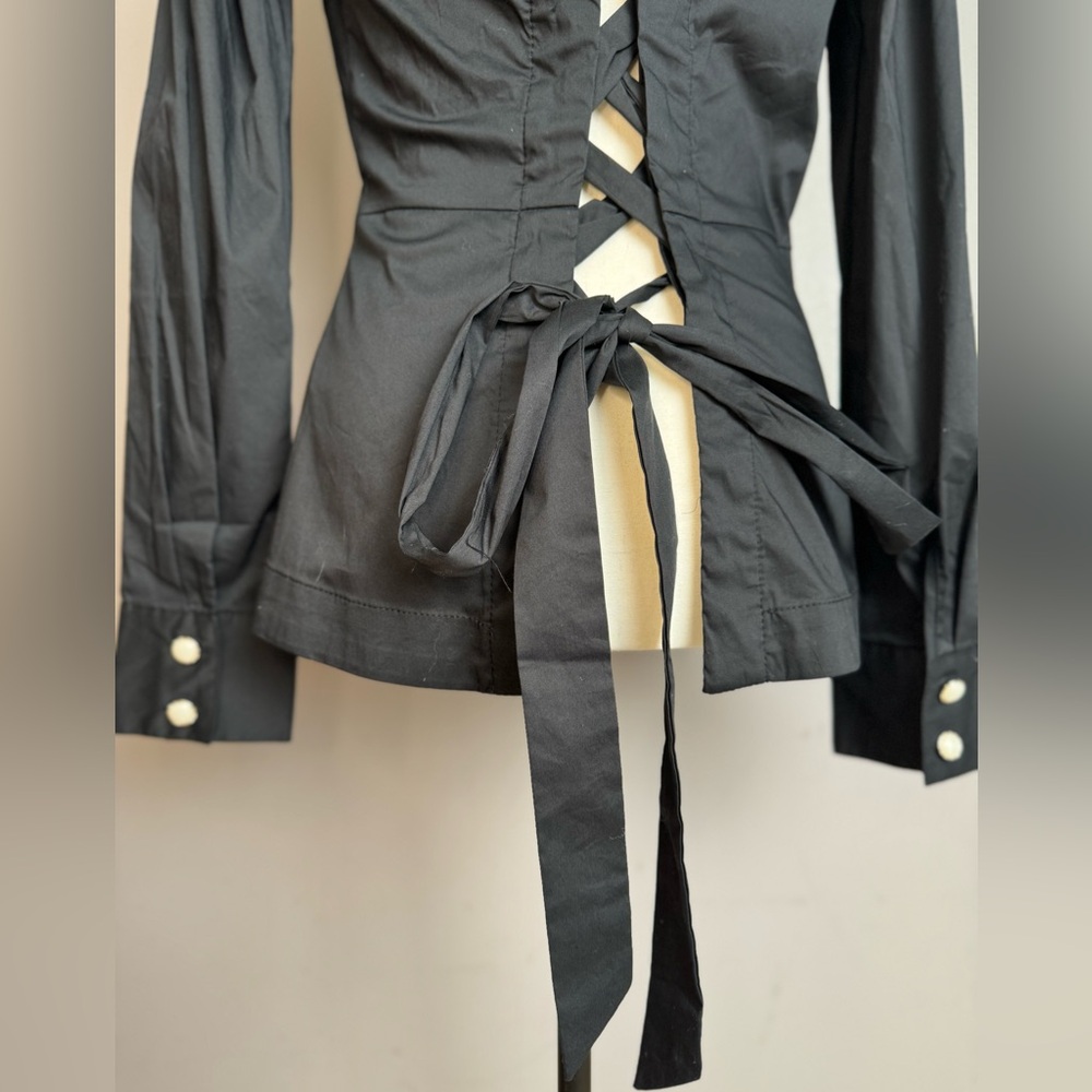 Venus black tie back pearl button down blouse - Picture 5 of 14